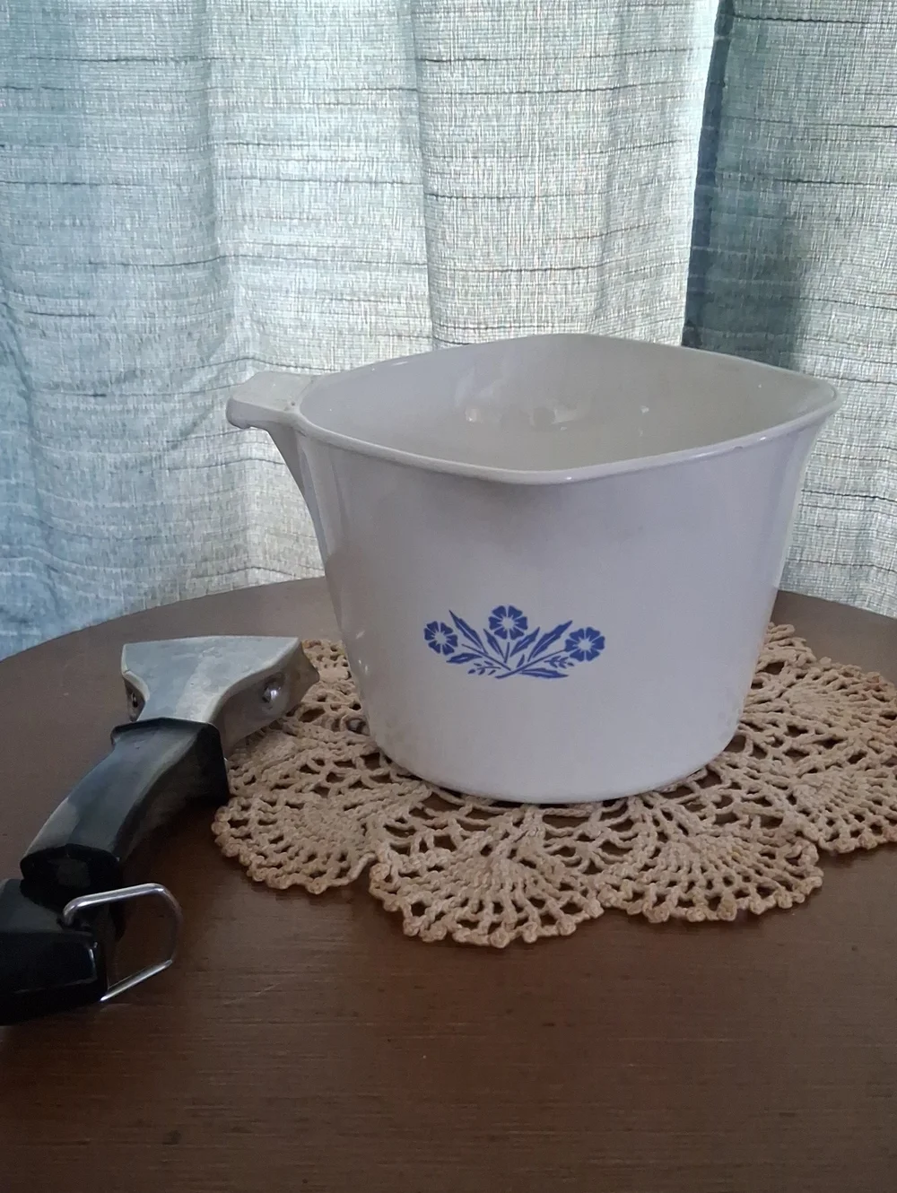 Corningware White Saucepan with Blue Floral Motif and Black Handle